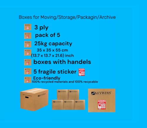 pack of 5 with 5 fragile stickers 3 Ply Storage Boxes With Handles Carton Cardboard Box for Moving 35x35x55cm